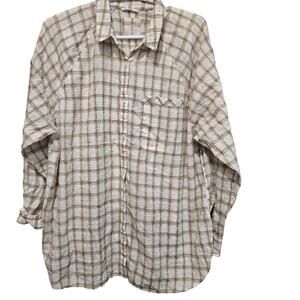 Aerie Plaid Button Front Blouse Cream Beige Check Small